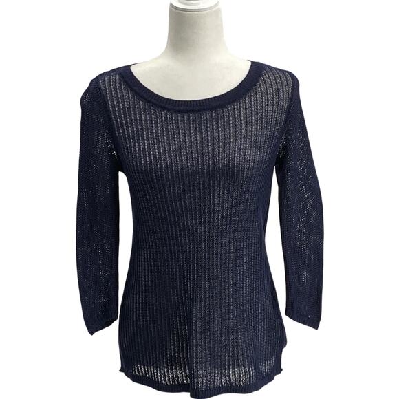 Talbots Petite Linen Sweater Dark Blue Open Stitch Long Sleeve Crew Neck Size M - Picture 1 of 14